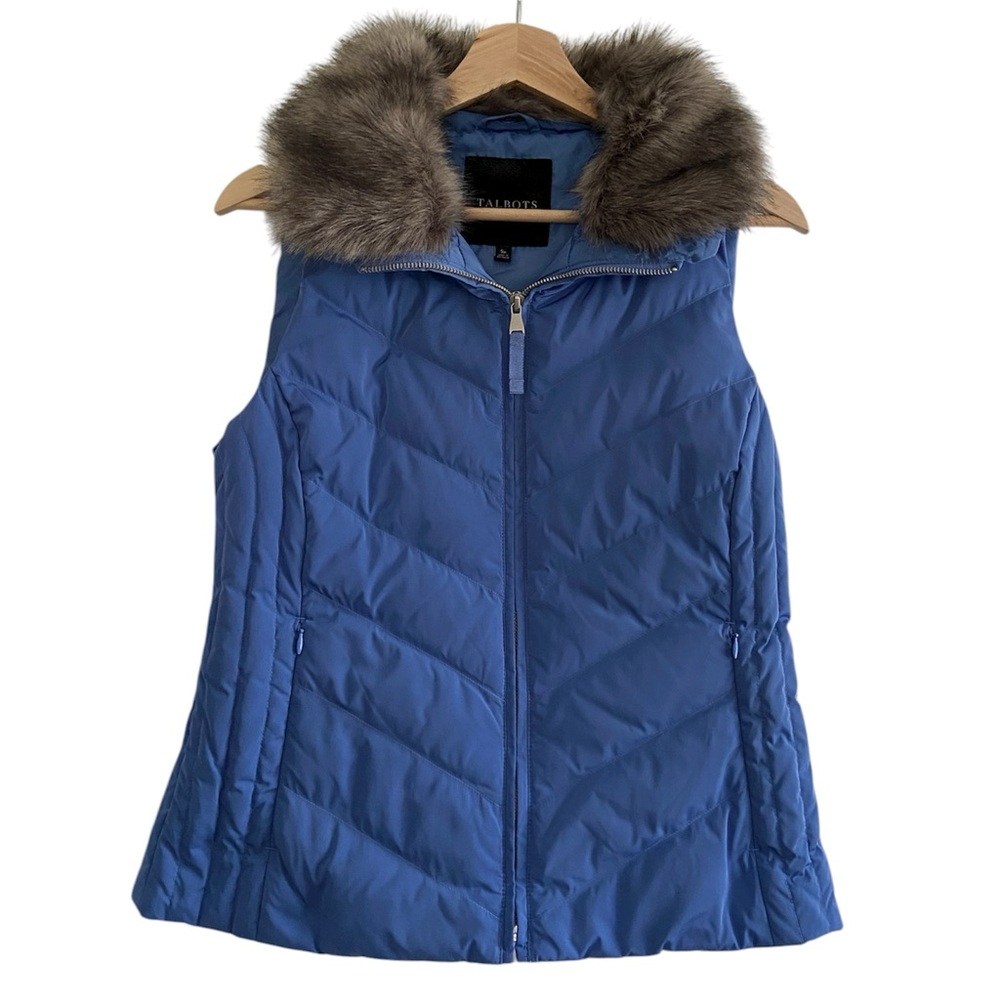 Talbots Down Fill Puffer Vest Blue Removable Faux Fur Collar Preppy SP S Petite